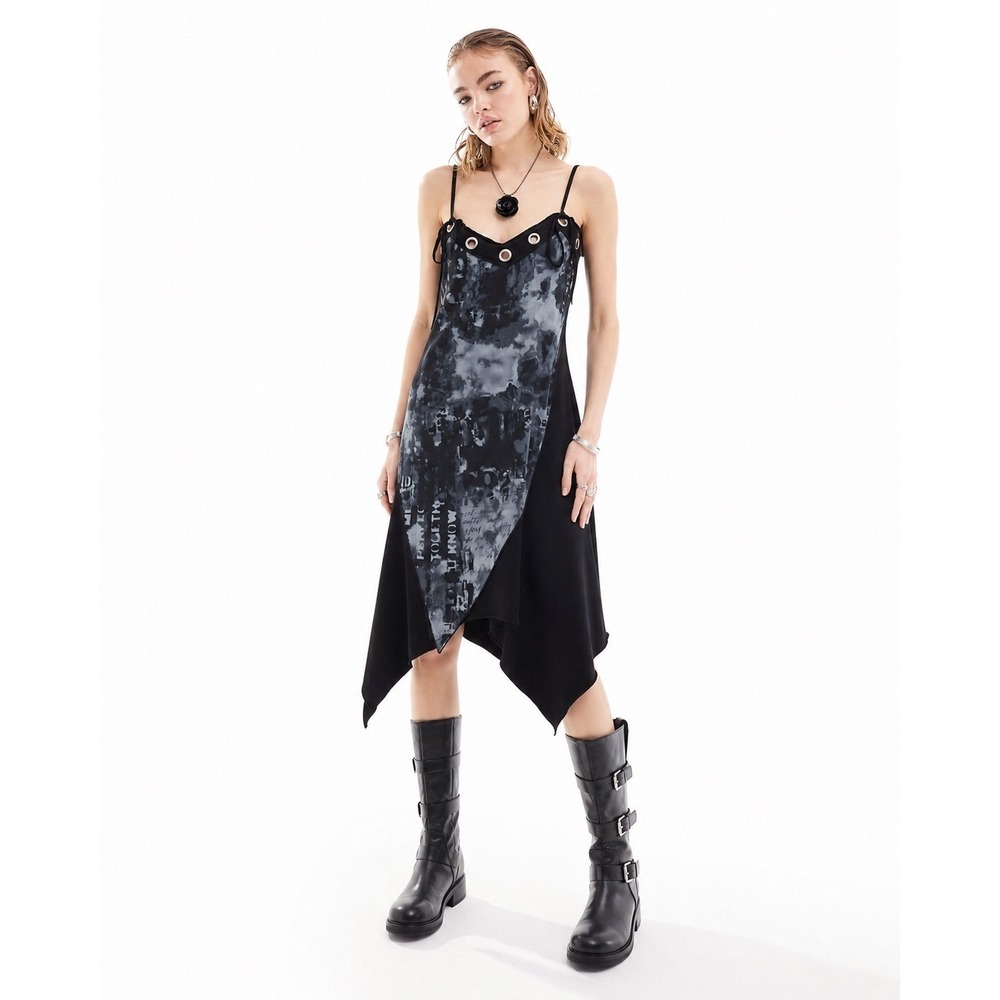NWT Minna London Mini Dress Hanky Hem Strappy Grommet Black Grey Alt Grunge M